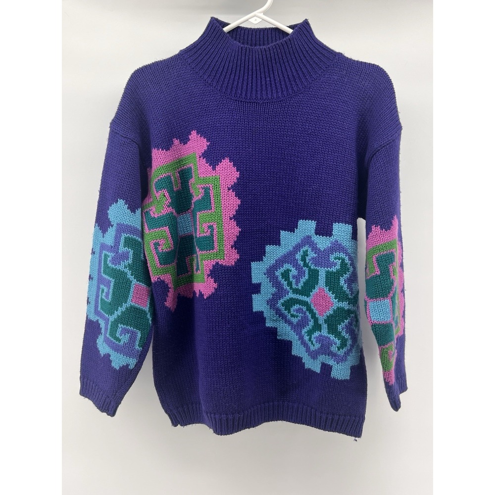 VTG Esprit Sport Purple Geometric Knit Wool Blend 80s Sweater Womens S Oversized